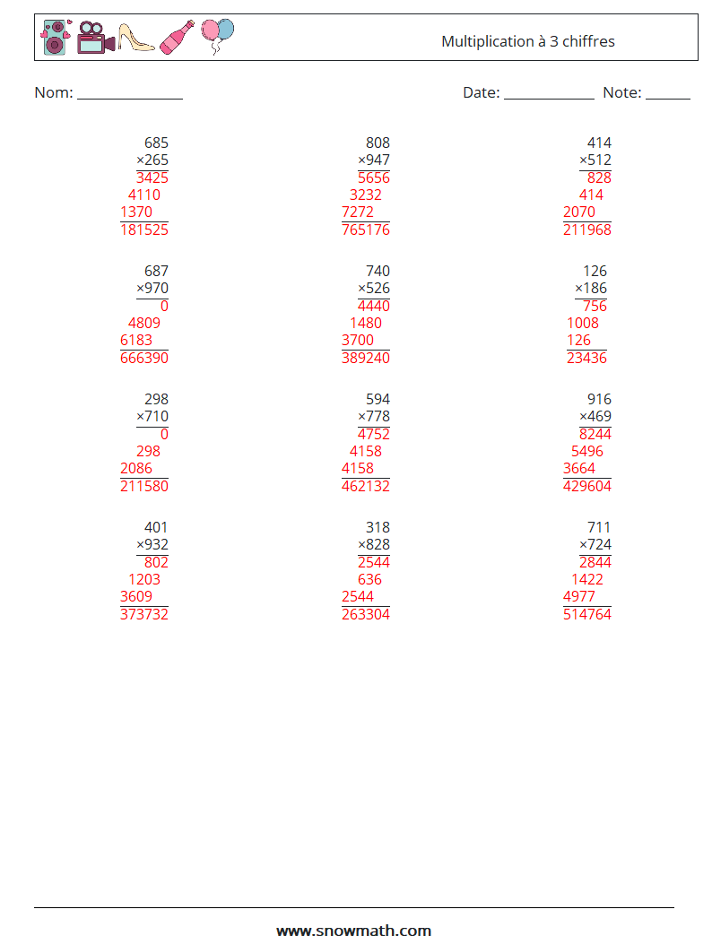 (12) Multiplication à 3 chiffres Fiches d'Exercices de Mathématiques 8 Question, Réponse