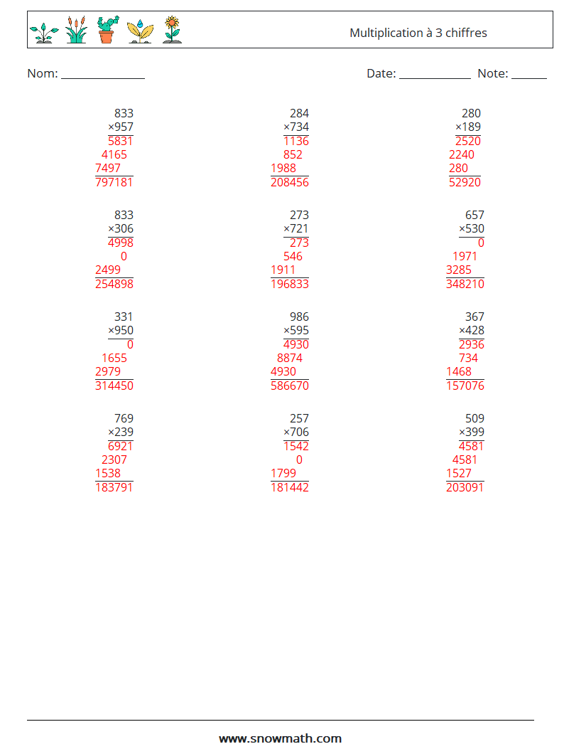 (12) Multiplication à 3 chiffres Fiches d'Exercices de Mathématiques 9 Question, Réponse