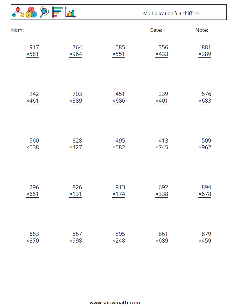 (25) Multiplication à 3 chiffres Fiches d'Exercices de Mathématiques 1