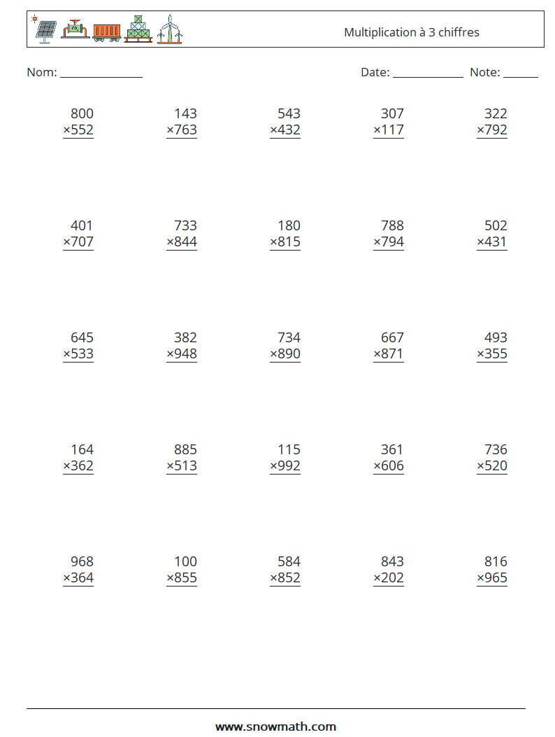 (25) Multiplication à 3 chiffres Fiches d'Exercices de Mathématiques 11