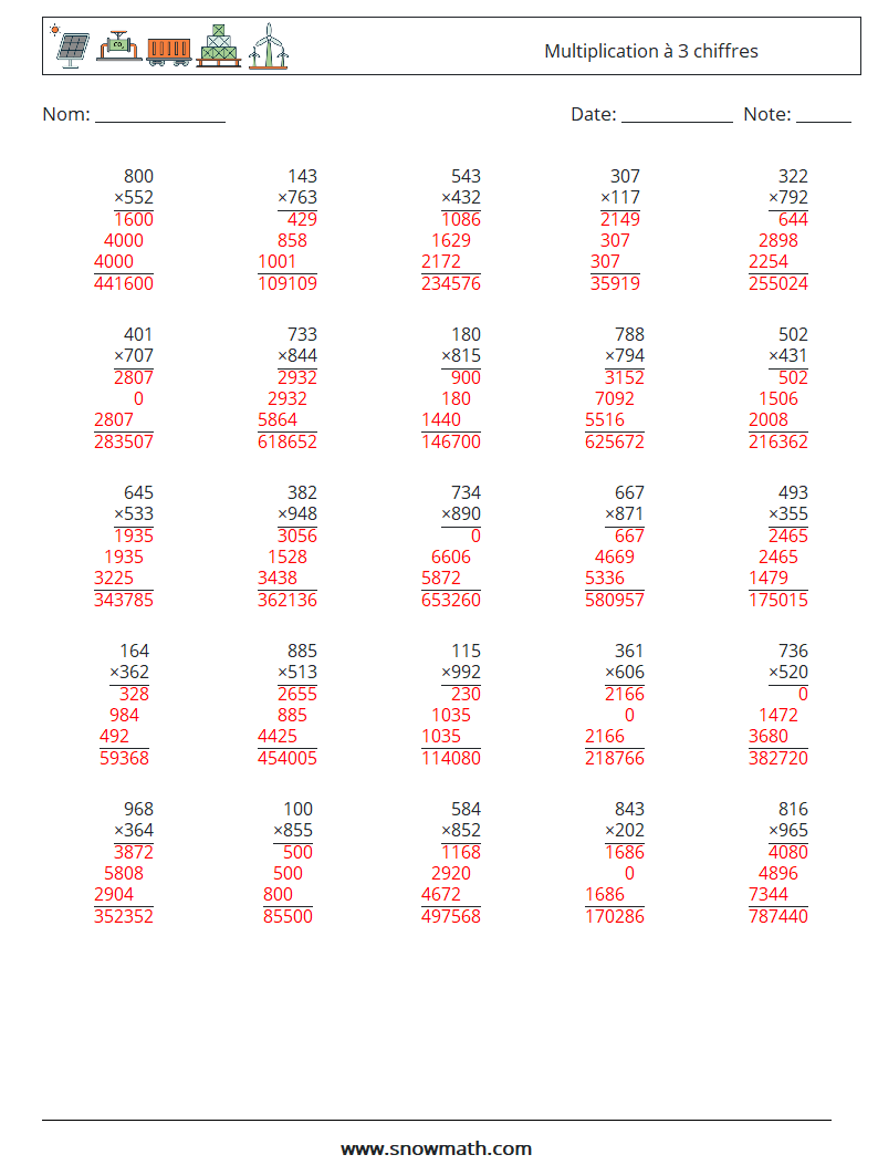 (25) Multiplication à 3 chiffres Fiches d'Exercices de Mathématiques 11 Question, Réponse