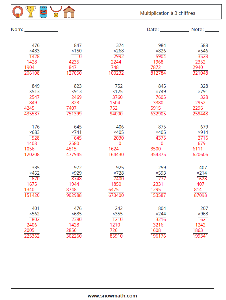 (25) Multiplication à 3 chiffres Fiches d'Exercices de Mathématiques 12 Question, Réponse