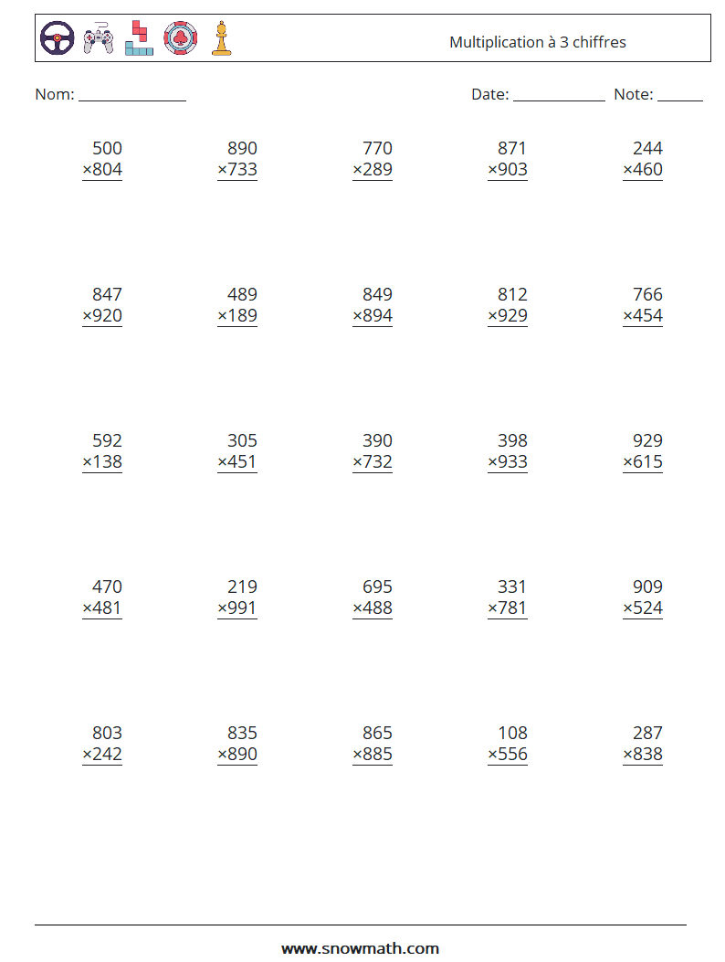 (25) Multiplication à 3 chiffres Fiches d'Exercices de Mathématiques 13