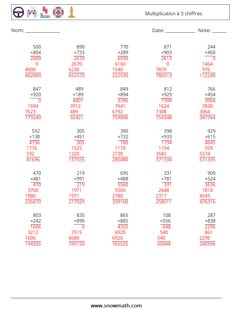 (25) Multiplication à 3 chiffres Fiches d'Exercices de Mathématiques 13 Question, Réponse