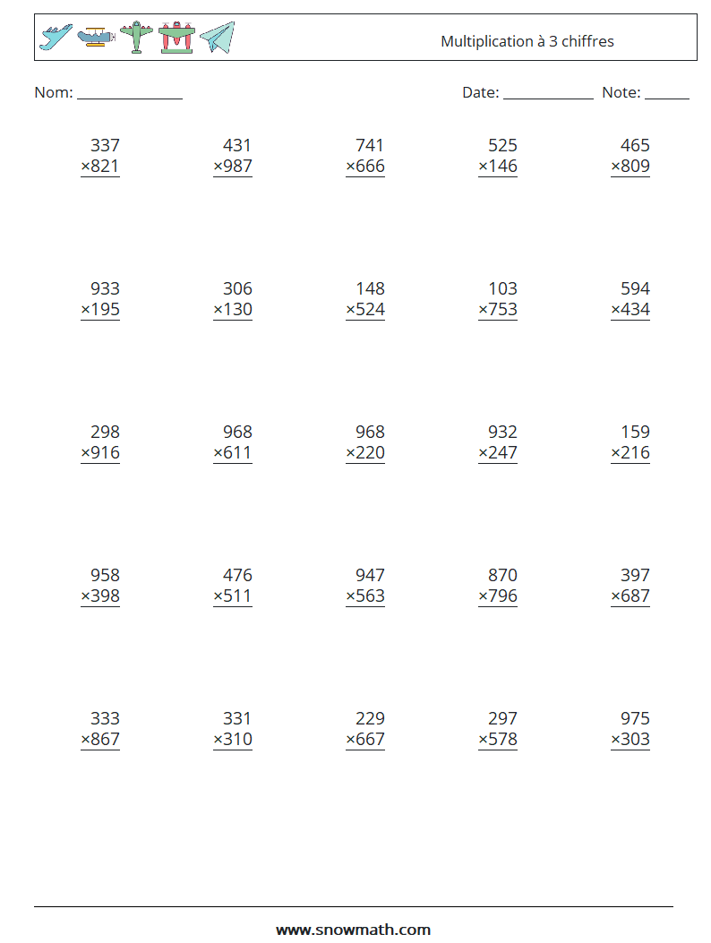 (25) Multiplication à 3 chiffres Fiches d'Exercices de Mathématiques 16