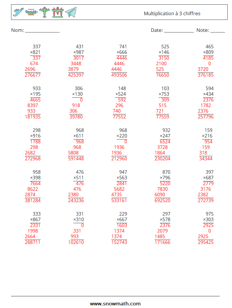 (25) Multiplication à 3 chiffres Fiches d'Exercices de Mathématiques 16 Question, Réponse