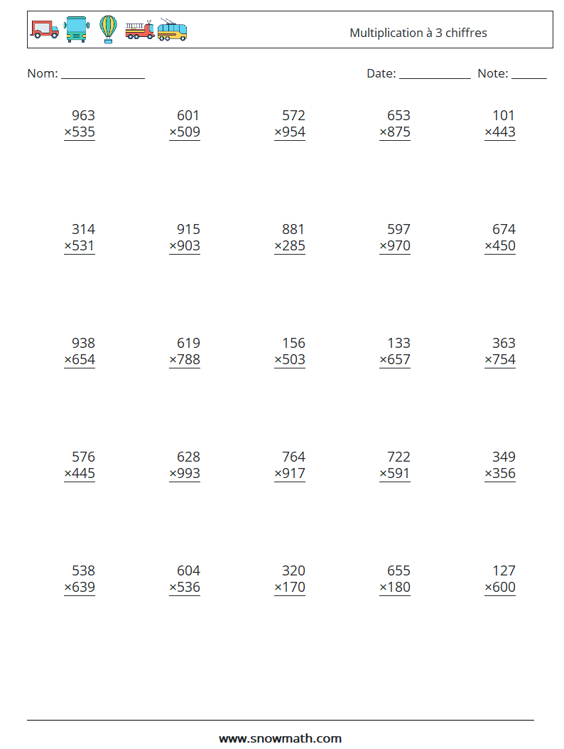 (25) Multiplication à 3 chiffres Fiches d'Exercices de Mathématiques 18