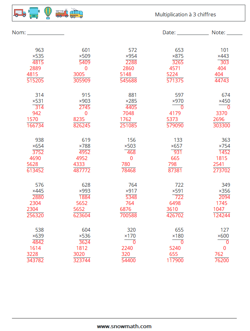 (25) Multiplication à 3 chiffres Fiches d'Exercices de Mathématiques 18 Question, Réponse