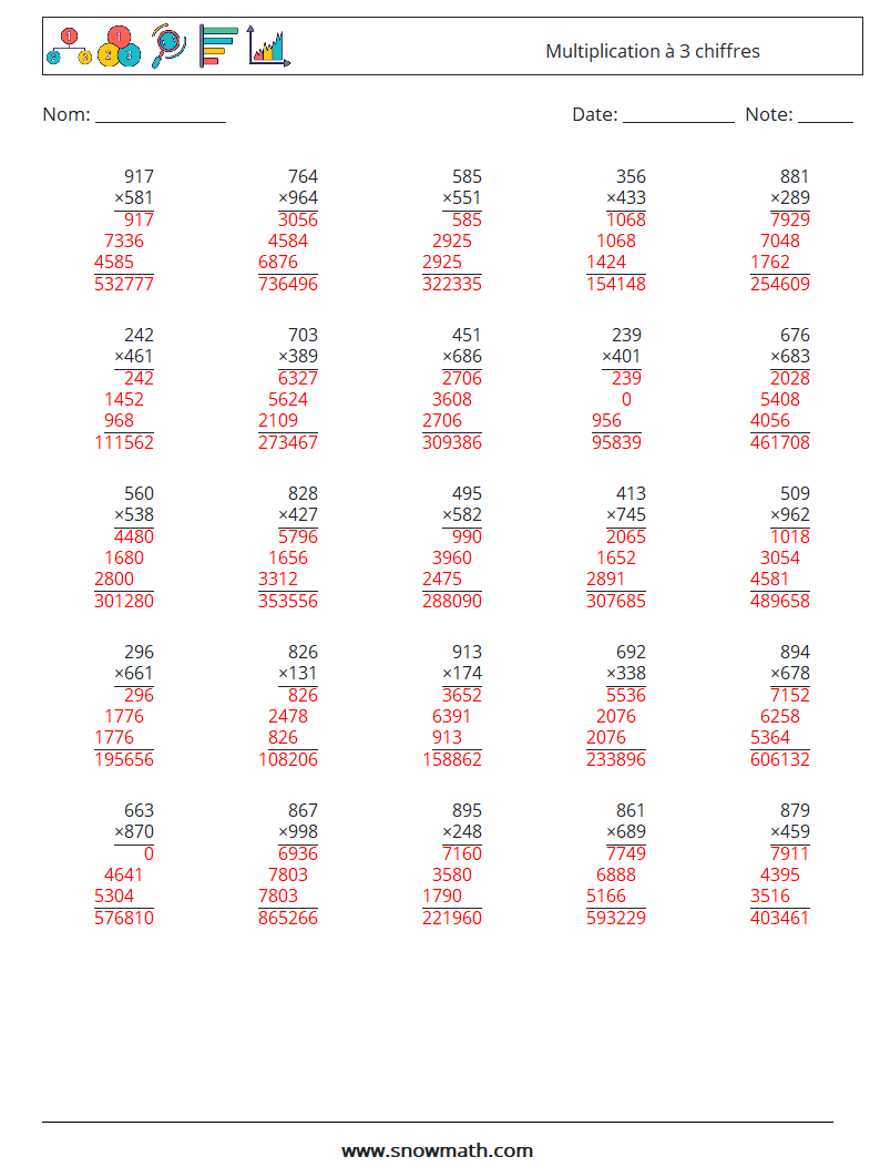 (25) Multiplication à 3 chiffres Fiches d'Exercices de Mathématiques 1 Question, Réponse