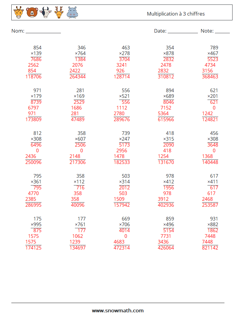 (25) Multiplication à 3 chiffres Fiches d'Exercices de Mathématiques 2 Question, Réponse