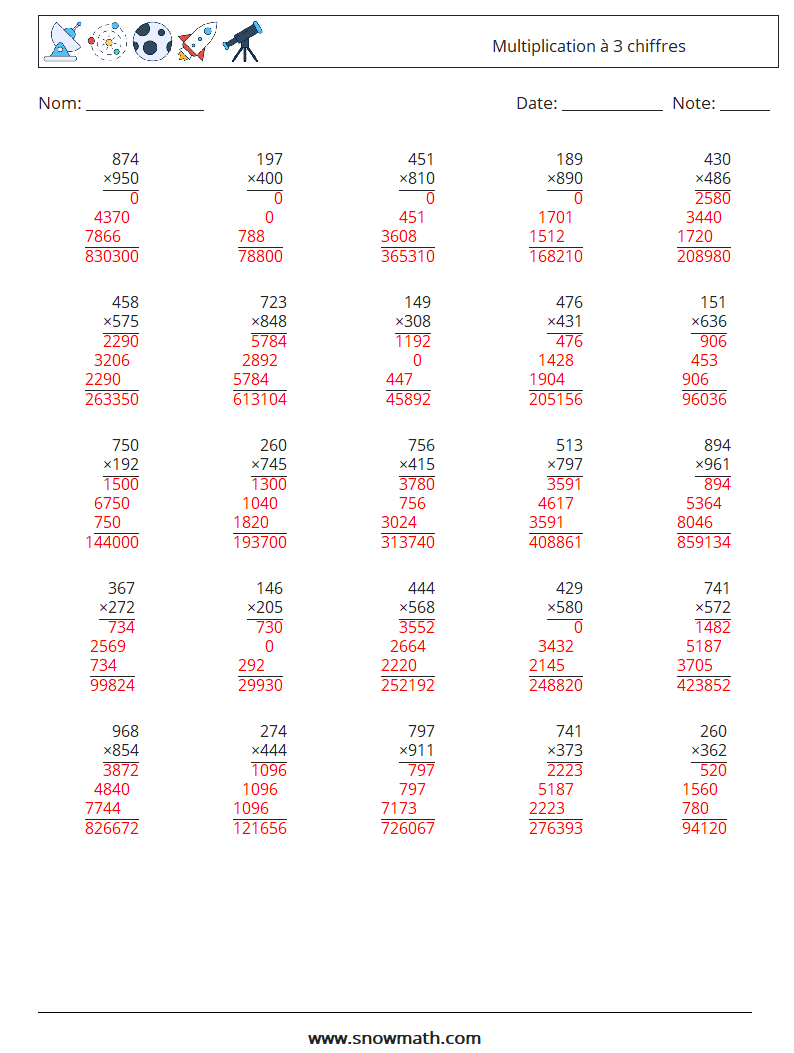 (25) Multiplication à 3 chiffres Fiches d'Exercices de Mathématiques 3 Question, Réponse