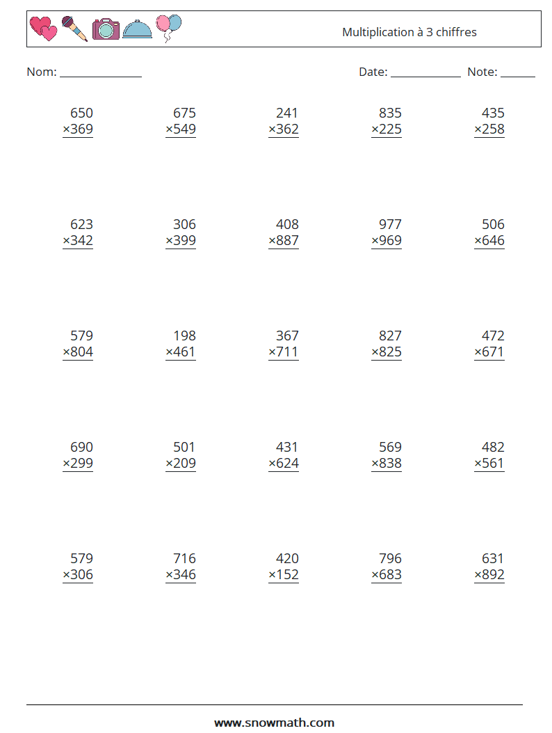 (25) Multiplication à 3 chiffres Fiches d'Exercices de Mathématiques 4