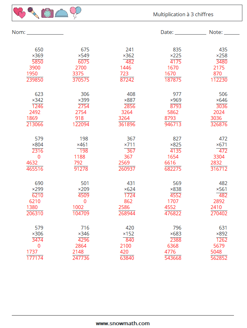 (25) Multiplication à 3 chiffres Fiches d'Exercices de Mathématiques 4 Question, Réponse