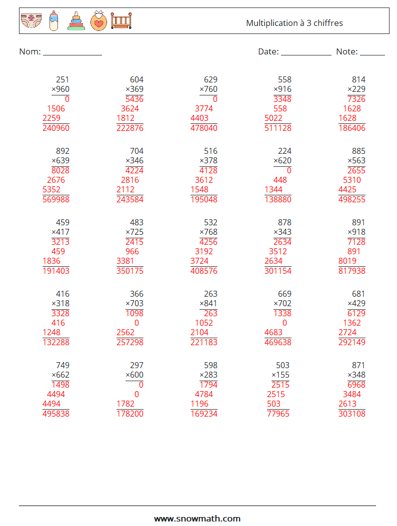 (25) Multiplication à 3 chiffres Fiches d'Exercices de Mathématiques 5 Question, Réponse