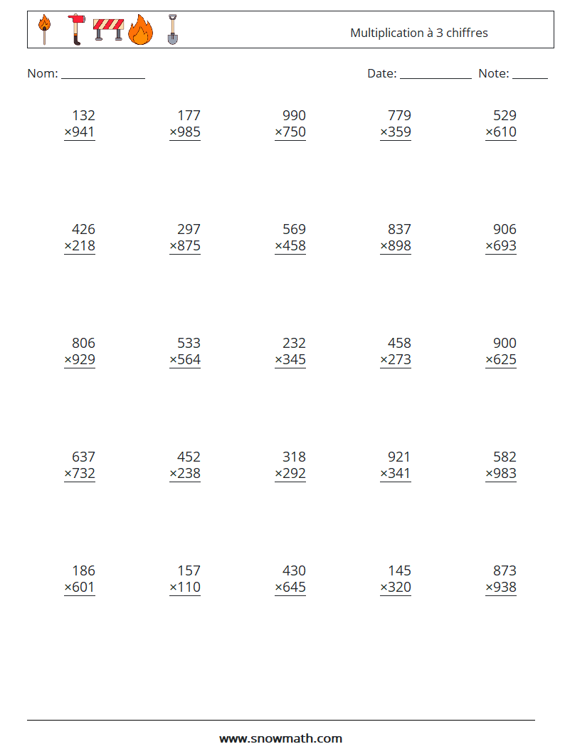 (25) Multiplication à 3 chiffres Fiches d'Exercices de Mathématiques 6