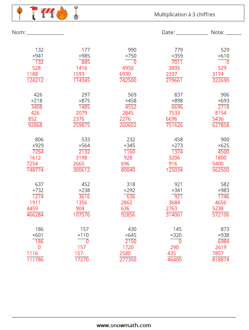 (25) Multiplication à 3 chiffres Fiches d'Exercices de Mathématiques 6 Question, Réponse