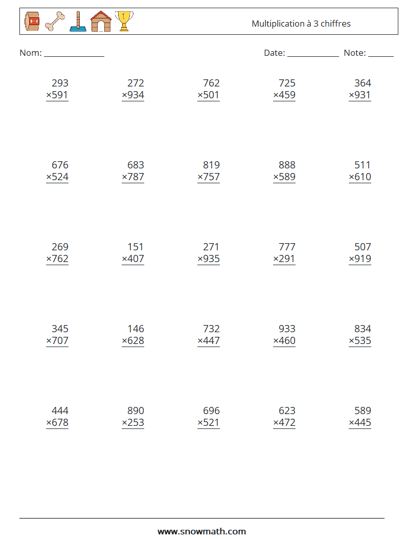 (25) Multiplication à 3 chiffres Fiches d'Exercices de Mathématiques 7