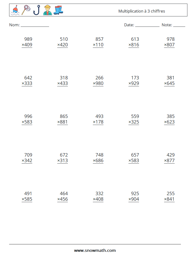 (25) Multiplication à 3 chiffres Fiches d'Exercices de Mathématiques 8