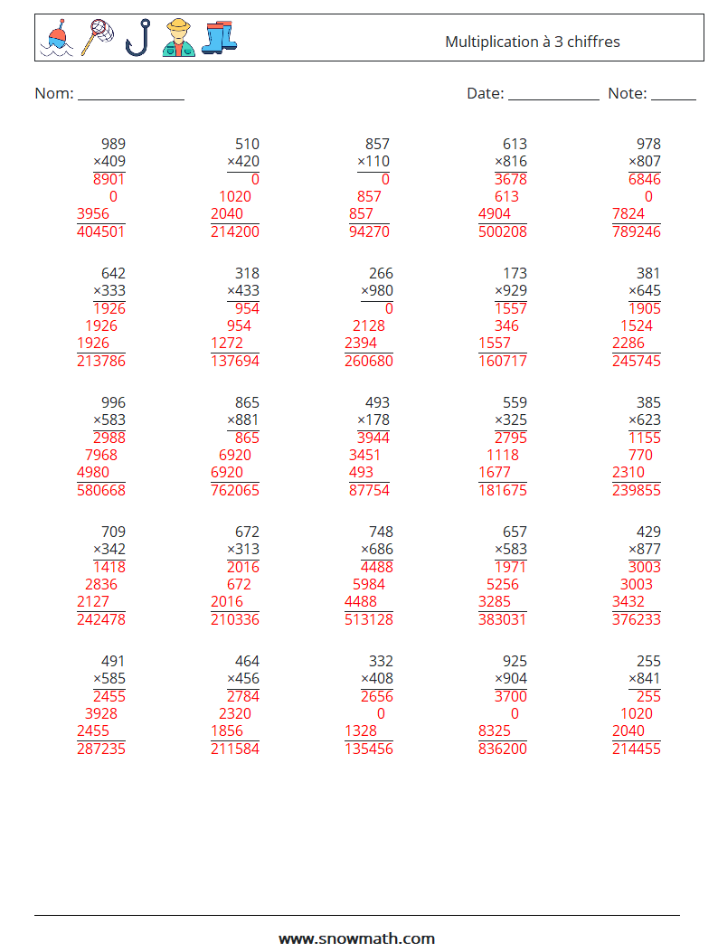 (25) Multiplication à 3 chiffres Fiches d'Exercices de Mathématiques 8 Question, Réponse