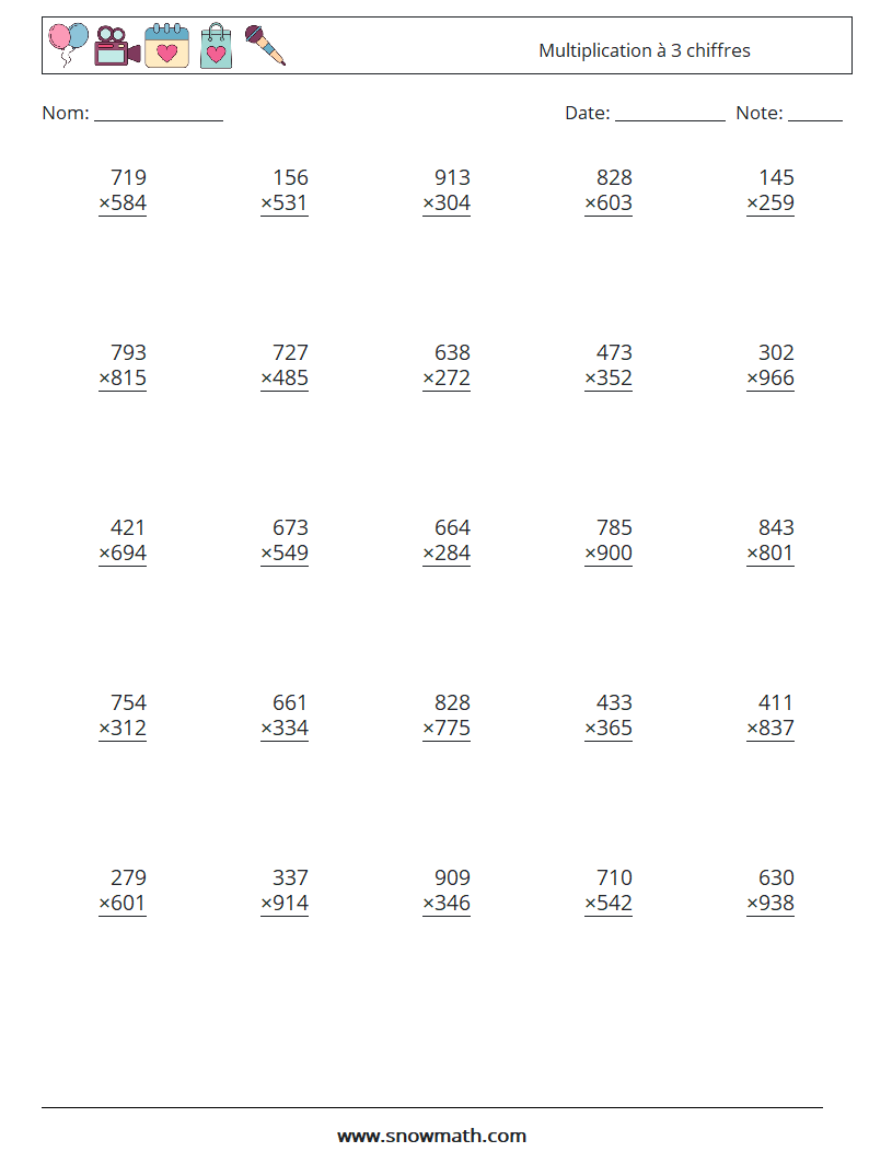 (25) Multiplication à 3 chiffres Fiches d'Exercices de Mathématiques 9