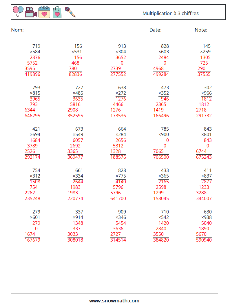 (25) Multiplication à 3 chiffres Fiches d'Exercices de Mathématiques 9 Question, Réponse