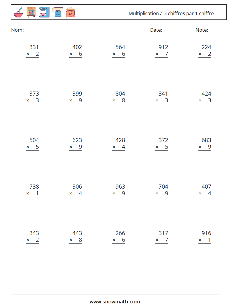 (25) Multiplication à 3 chiffres par 1 chiffre Fiches d'Exercices de Mathématiques 1