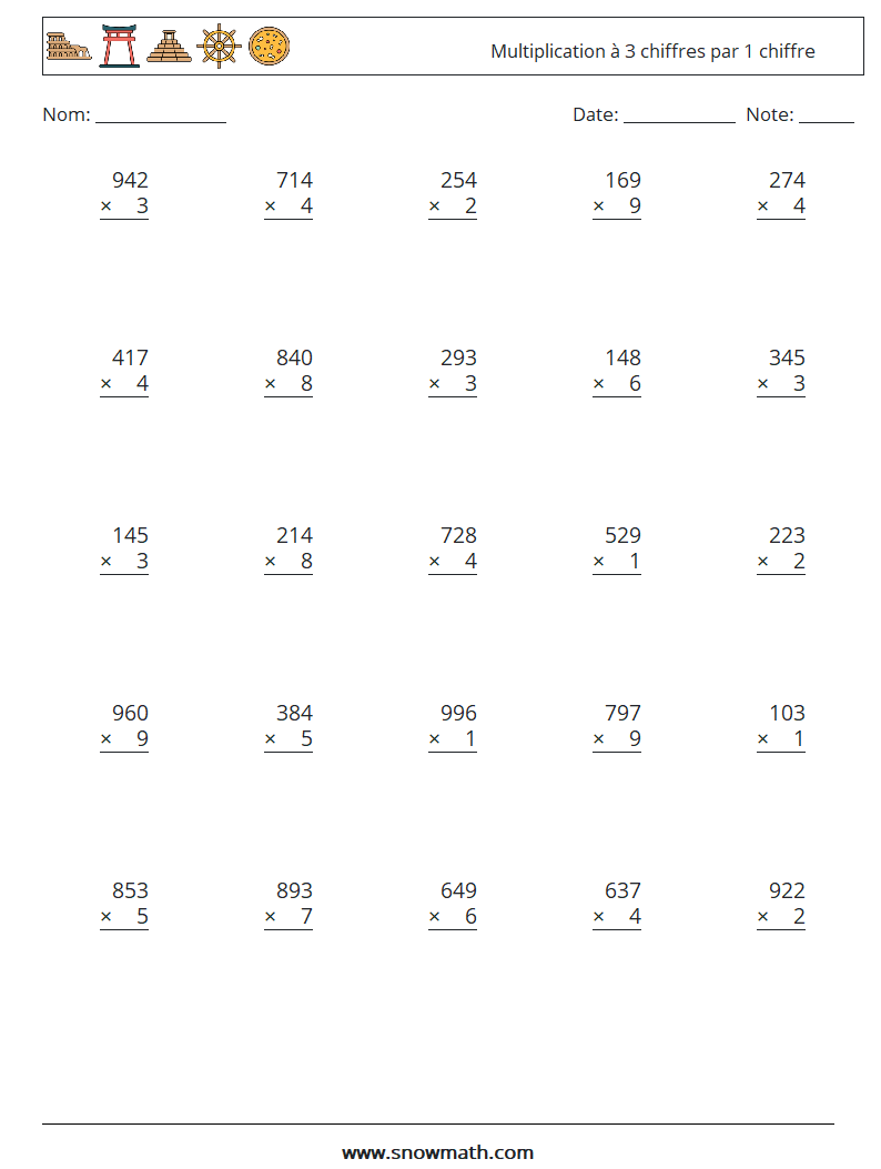 (25) Multiplication à 3 chiffres par 1 chiffre Fiches d'Exercices de Mathématiques 10