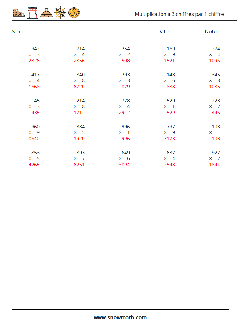 (25) Multiplication à 3 chiffres par 1 chiffre Fiches d'Exercices de Mathématiques 10 Question, Réponse