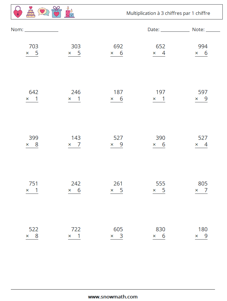 (25) Multiplication à 3 chiffres par 1 chiffre Fiches d'Exercices de Mathématiques 11