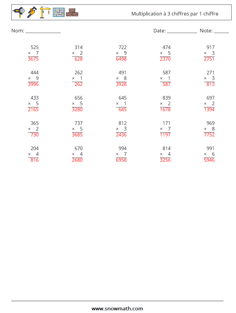 (25) Multiplication à 3 chiffres par 1 chiffre Fiches d'Exercices de Mathématiques 12 Question, Réponse