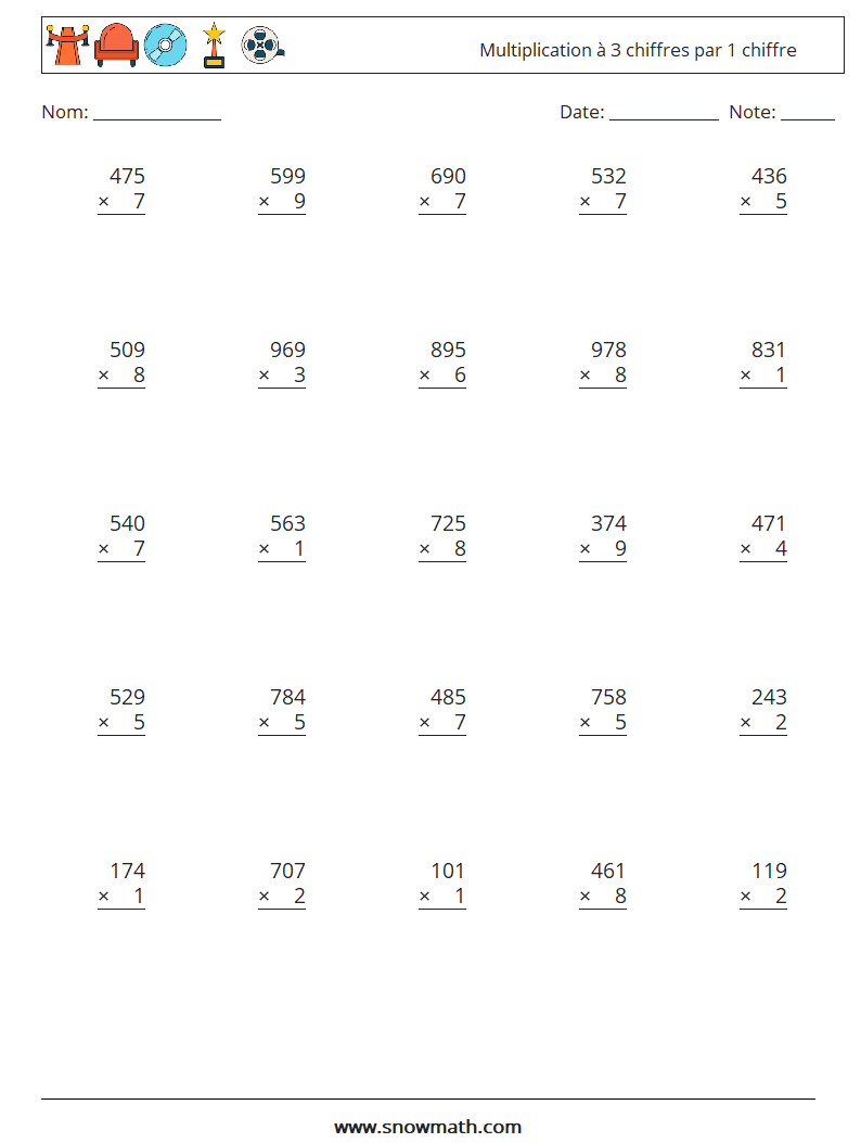(25) Multiplication à 3 chiffres par 1 chiffre Fiches d'Exercices de Mathématiques 14