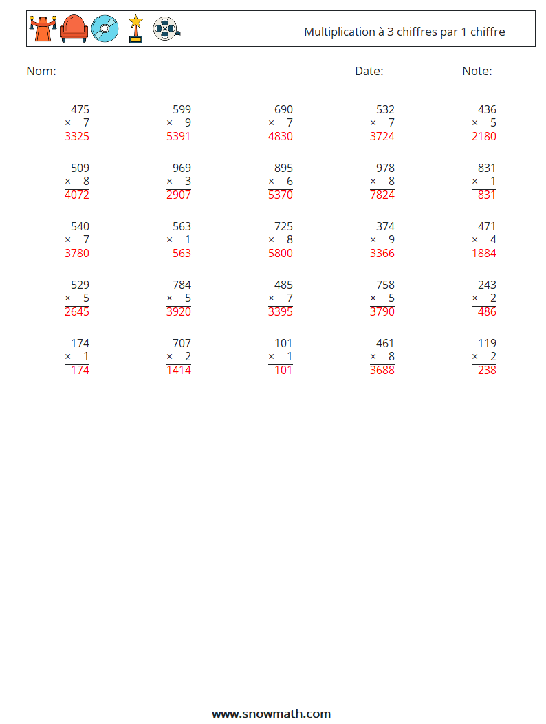 (25) Multiplication à 3 chiffres par 1 chiffre Fiches d'Exercices de Mathématiques 14 Question, Réponse