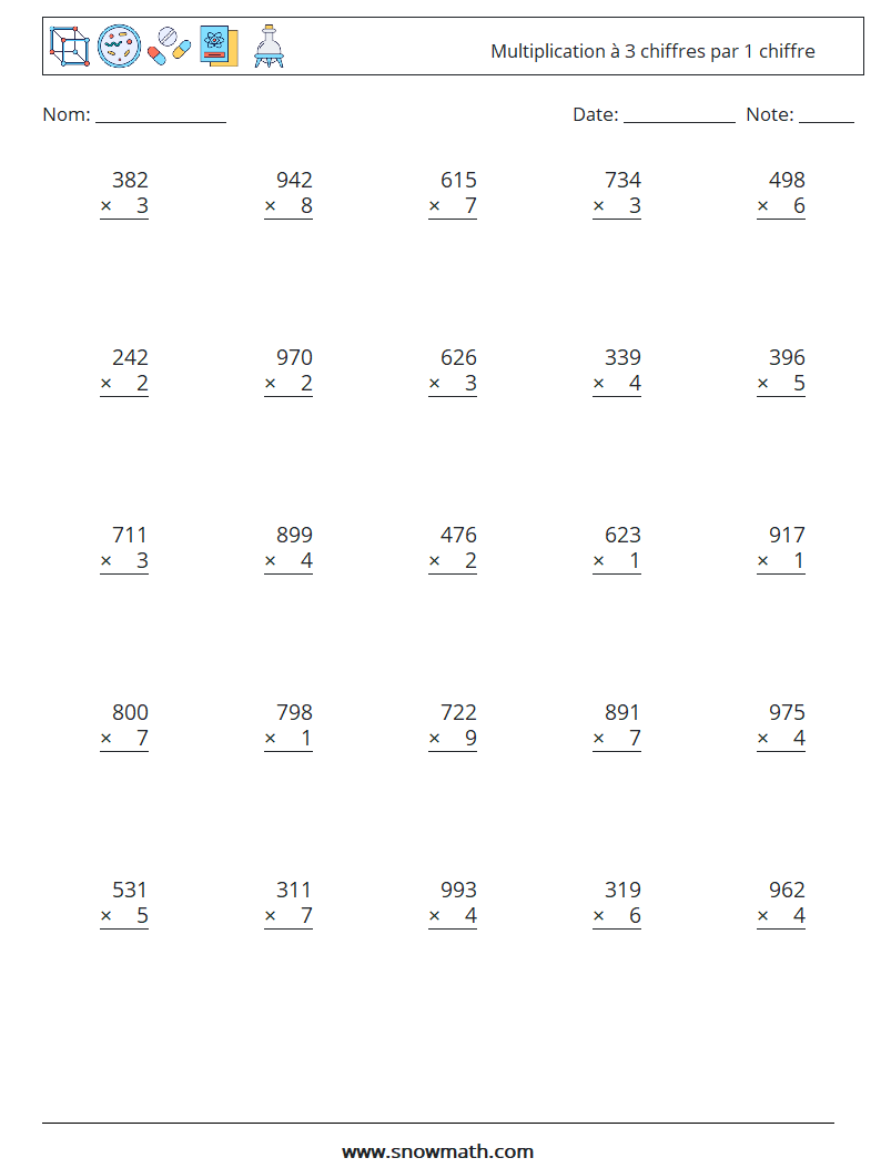 (25) Multiplication à 3 chiffres par 1 chiffre Fiches d'Exercices de Mathématiques 16