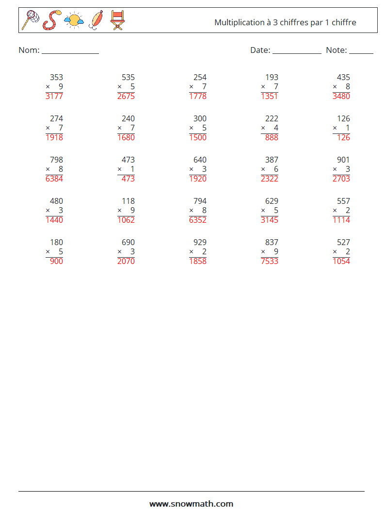 (25) Multiplication à 3 chiffres par 1 chiffre Fiches d'Exercices de Mathématiques 17 Question, Réponse