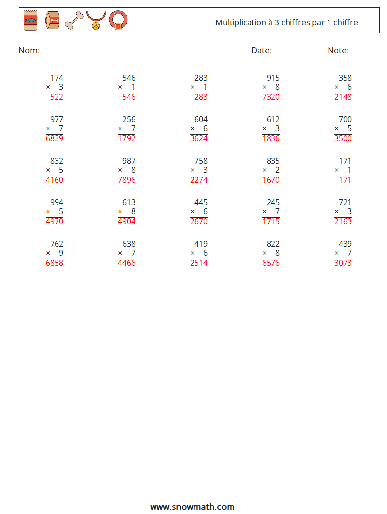 (25) Multiplication à 3 chiffres par 1 chiffre Fiches d'Exercices de Mathématiques 18 Question, Réponse