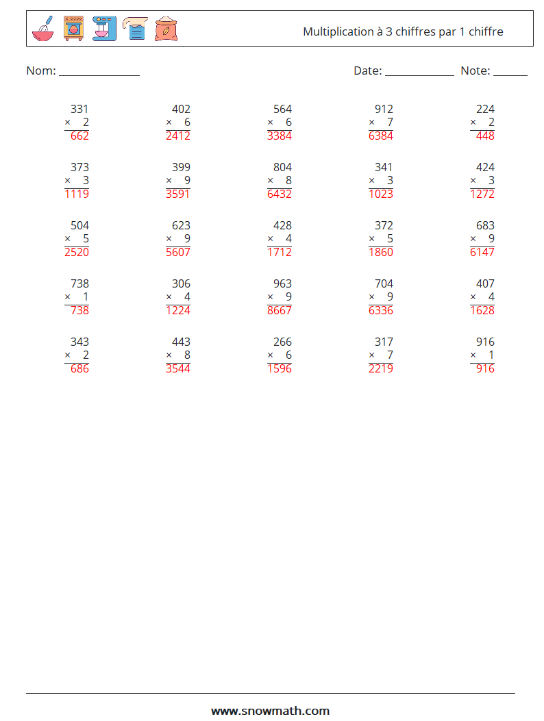 (25) Multiplication à 3 chiffres par 1 chiffre Fiches d'Exercices de Mathématiques 1 Question, Réponse