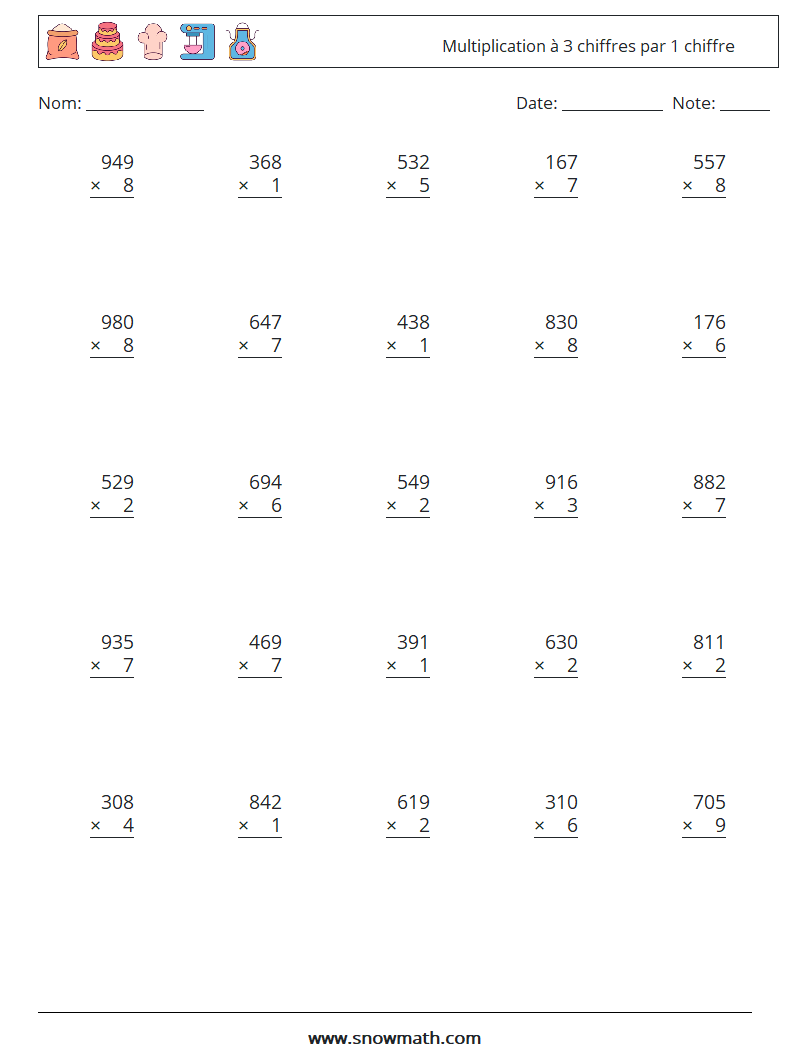 (25) Multiplication à 3 chiffres par 1 chiffre Fiches d'Exercices de Mathématiques 2