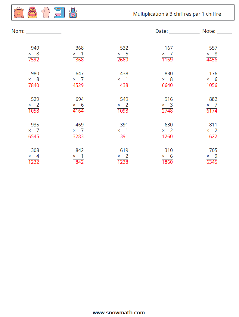 (25) Multiplication à 3 chiffres par 1 chiffre Fiches d'Exercices de Mathématiques 2 Question, Réponse