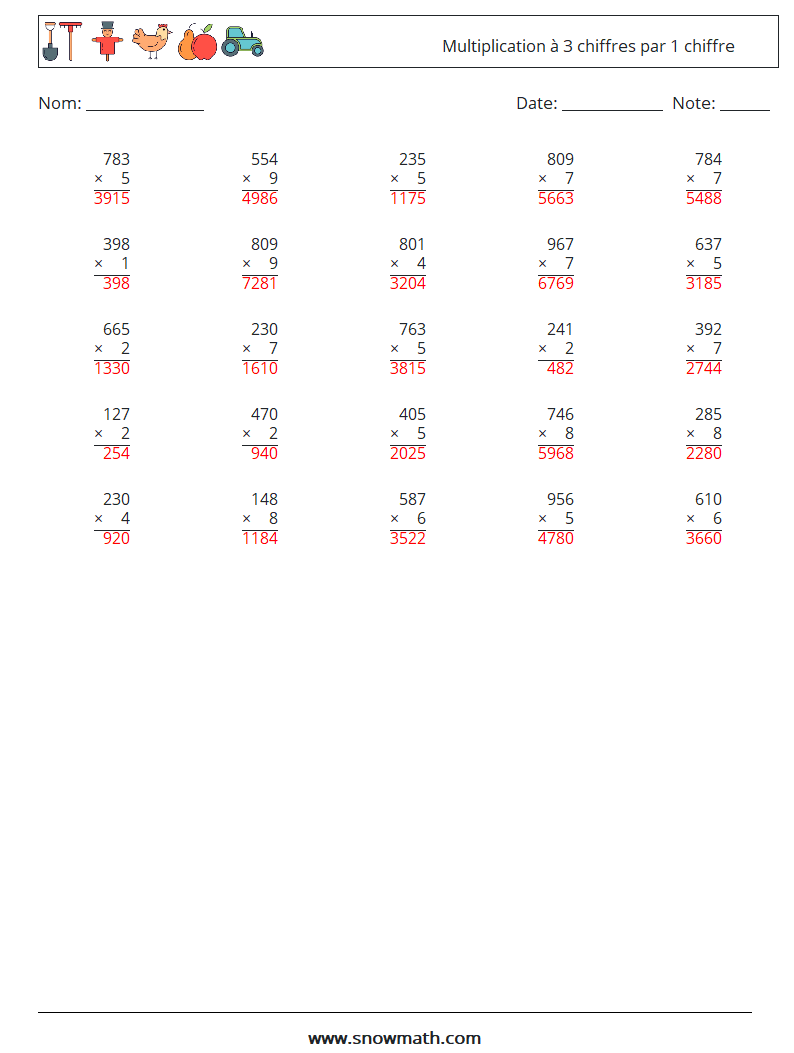 (25) Multiplication à 3 chiffres par 1 chiffre Fiches d'Exercices de Mathématiques 3 Question, Réponse