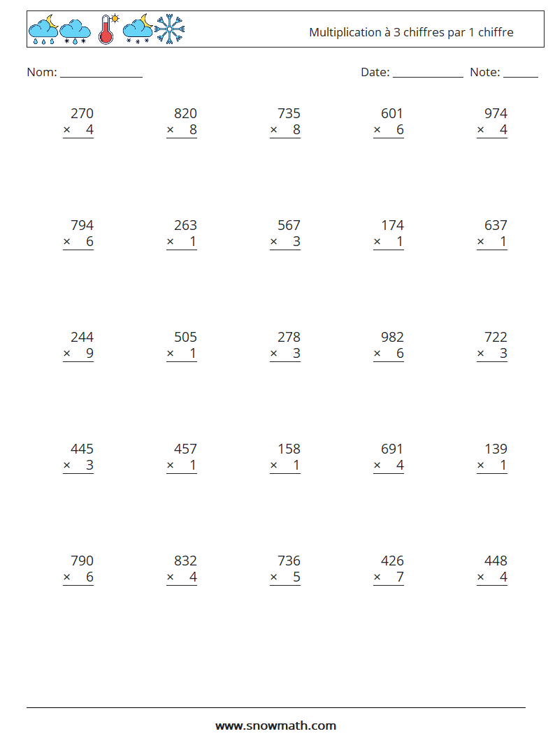(25) Multiplication à 3 chiffres par 1 chiffre Fiches d'Exercices de Mathématiques 5