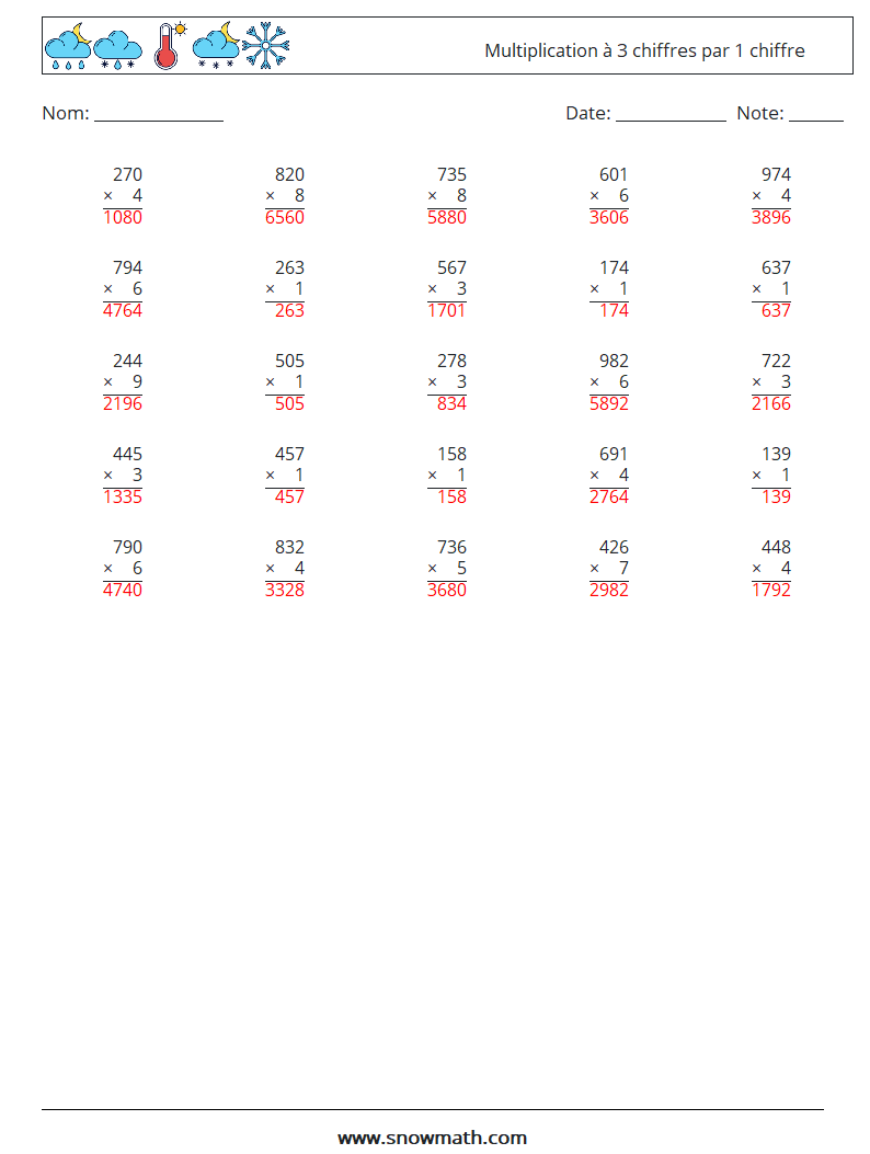 (25) Multiplication à 3 chiffres par 1 chiffre Fiches d'Exercices de Mathématiques 5 Question, Réponse