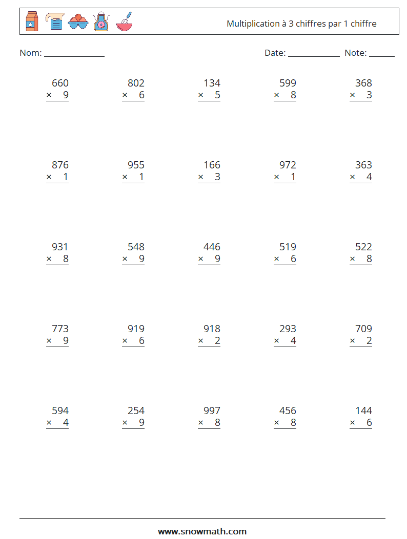(25) Multiplication à 3 chiffres par 1 chiffre Fiches d'Exercices de Mathématiques 6