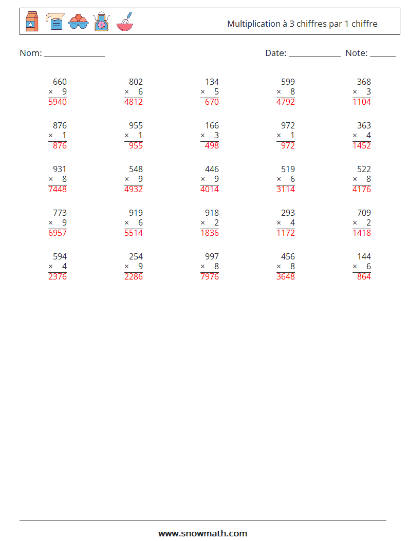 (25) Multiplication à 3 chiffres par 1 chiffre Fiches d'Exercices de Mathématiques 6 Question, Réponse