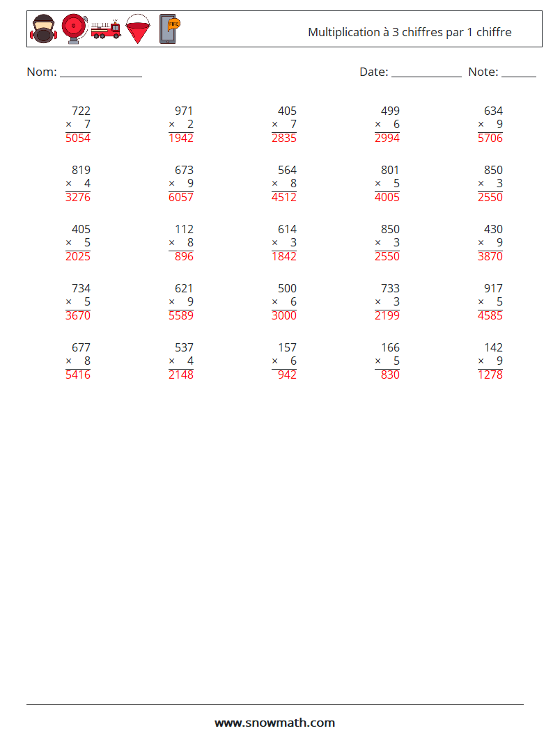 (25) Multiplication à 3 chiffres par 1 chiffre Fiches d'Exercices de Mathématiques 7 Question, Réponse