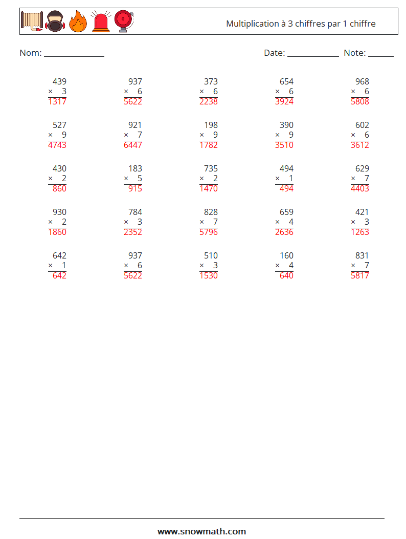 (25) Multiplication à 3 chiffres par 1 chiffre Fiches d'Exercices de Mathématiques 8 Question, Réponse