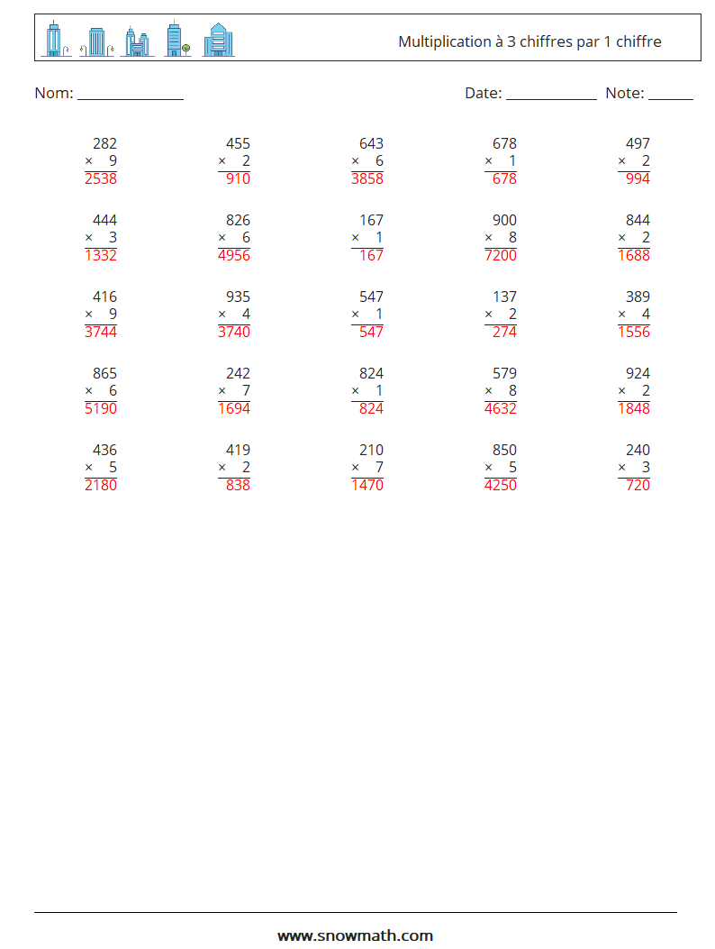 (25) Multiplication à 3 chiffres par 1 chiffre Fiches d'Exercices de Mathématiques 9 Question, Réponse