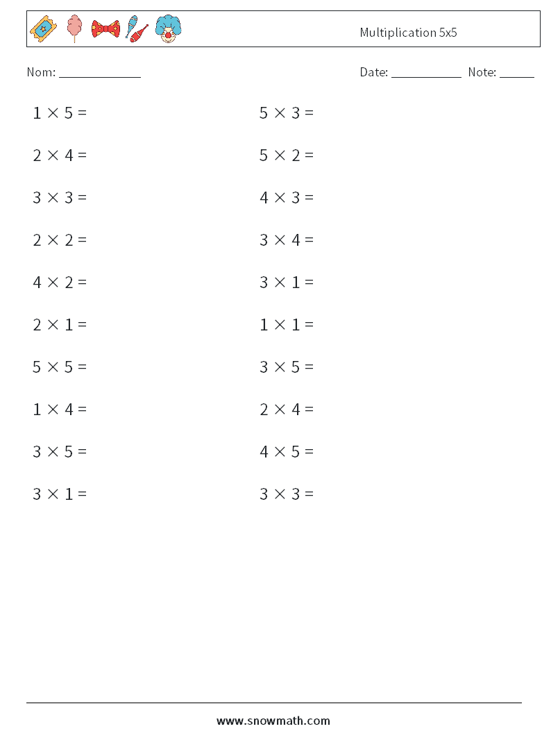 (20) Multiplication 5x5 Fiches d'Exercices de Mathématiques 1