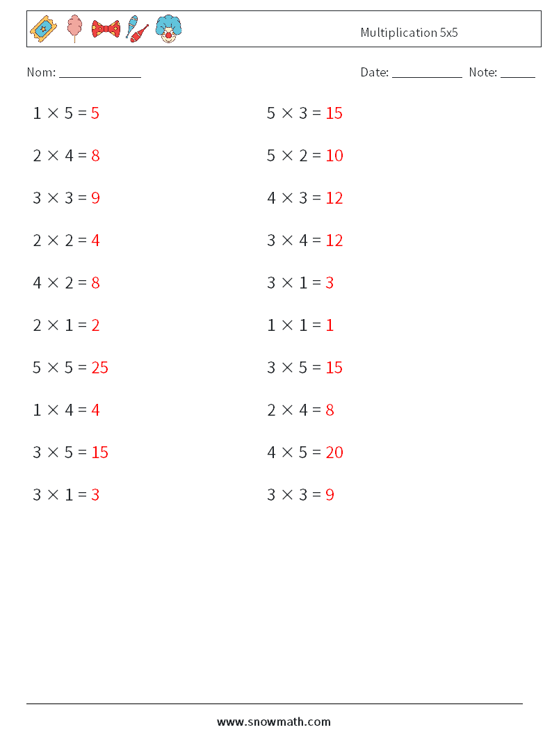 (20) Multiplication 5x5 Fiches d'Exercices de Mathématiques 1 Question, Réponse
