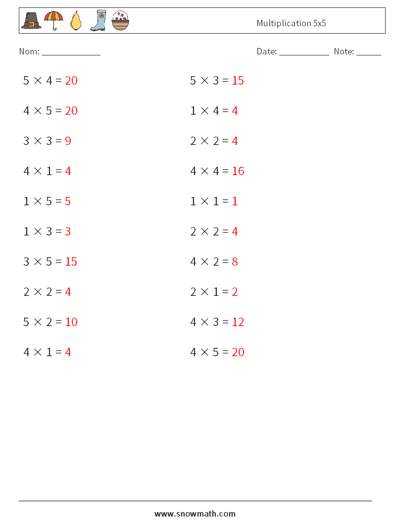 (20) Multiplication 5x5 Fiches d'Exercices de Mathématiques 2 Question, Réponse