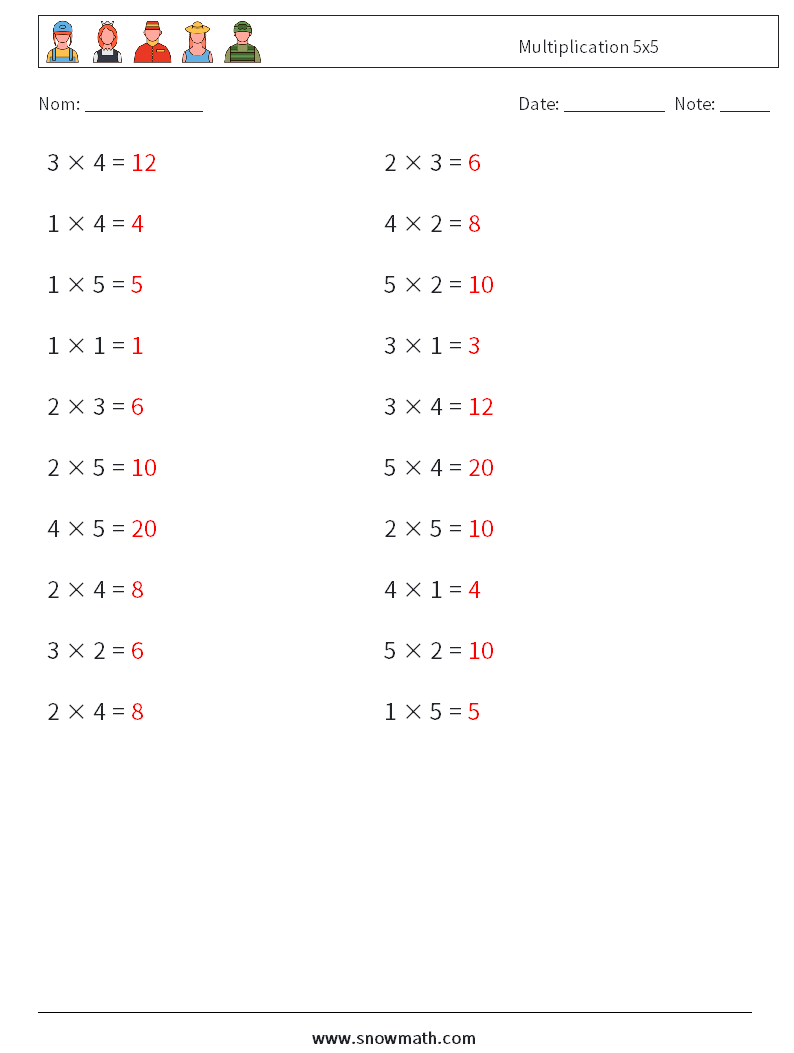 (20) Multiplication 5x5 Fiches d'Exercices de Mathématiques 3 Question, Réponse